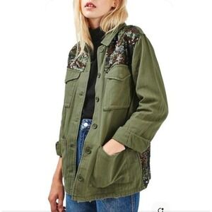 Topshop Utility Jacket Women 4 Olive Green Camo Sequin Embellished Shacket Cargo